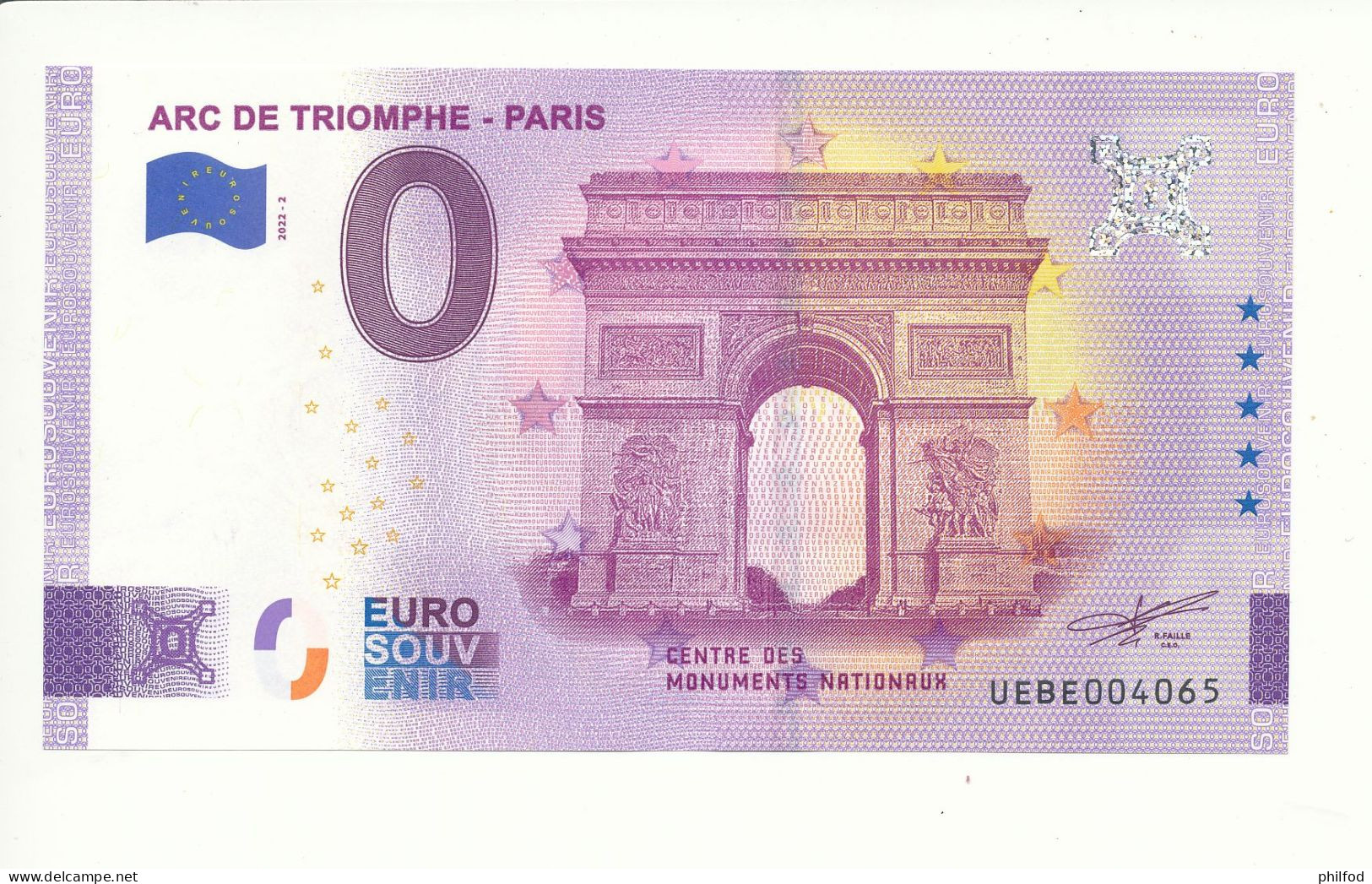 Billet Touristique 0 Euro - ARC DE TRIOMPHE - PARIS - UEBE - 2022-2 - N° 4065 - Otros & Sin Clasificación