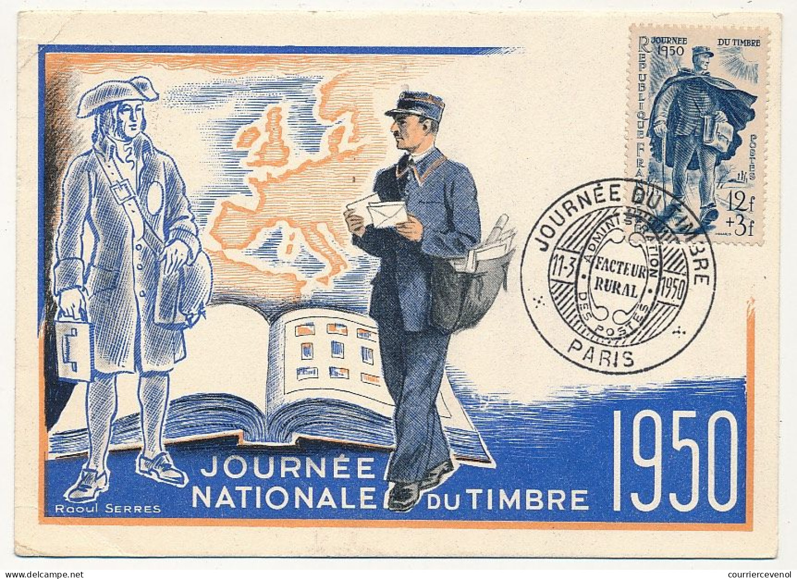 FRANCE => PARIS - Carte Officielle "Journée Du Timbre" 1950 Timbre 12F + 3F Facteur Rural - Covers & Documents