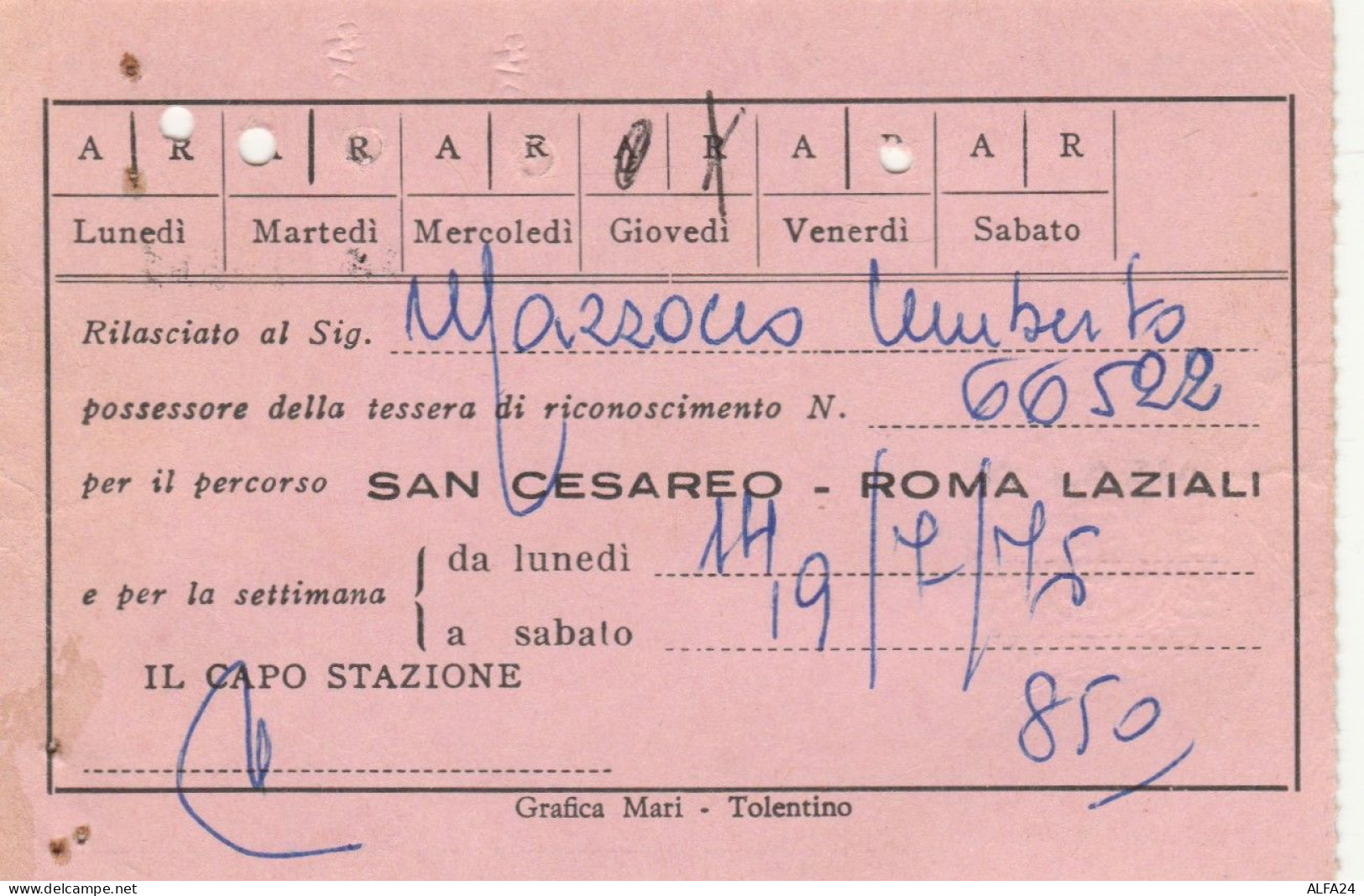 ABBONAMENTO SETTIMANALE IMPIEGATI STEFER SAN CESAREO ROMA LAZIALI 1975 (MK287 - Europa