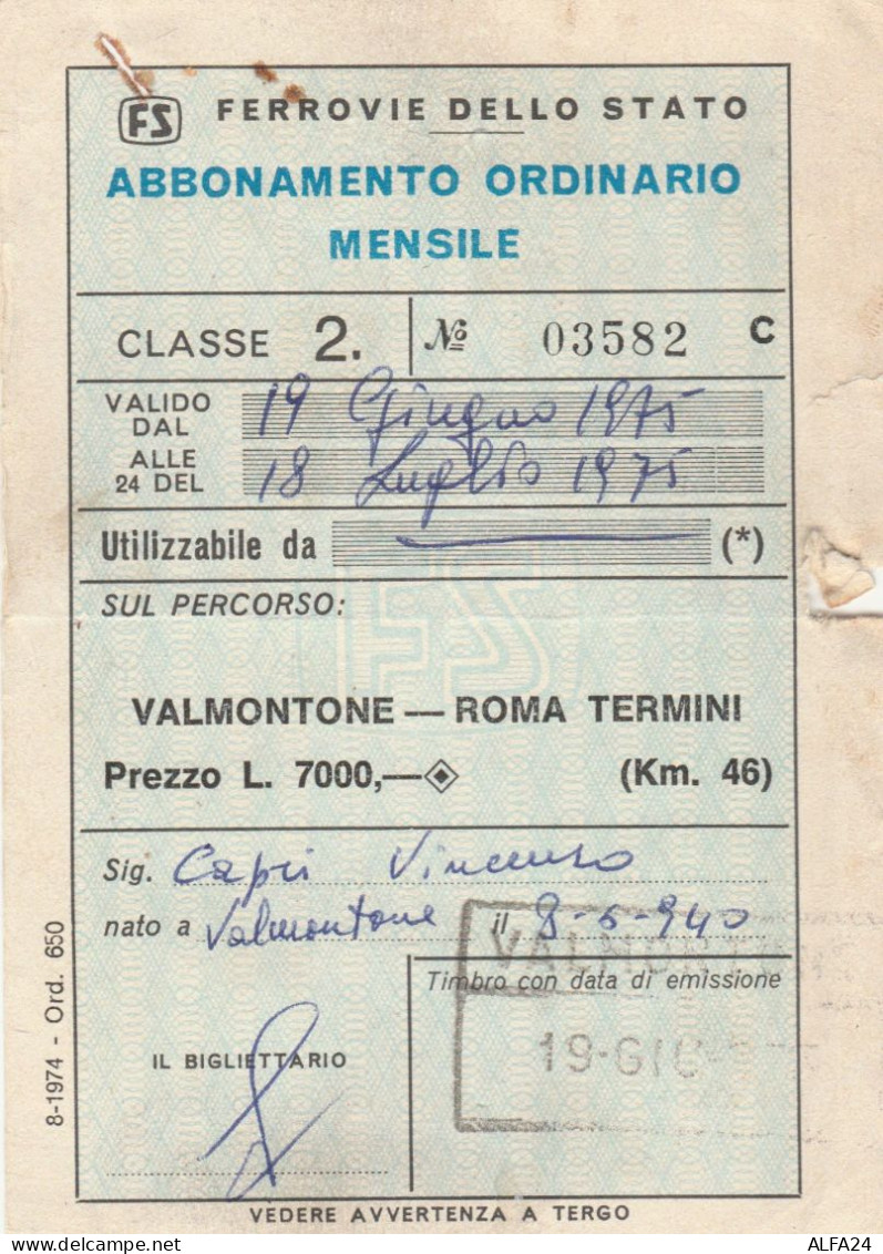 ABBONAMENTO 1975 FERROVIE VALMONTONE ROMA TERMINI-non Perfetto (MK270 - Europa