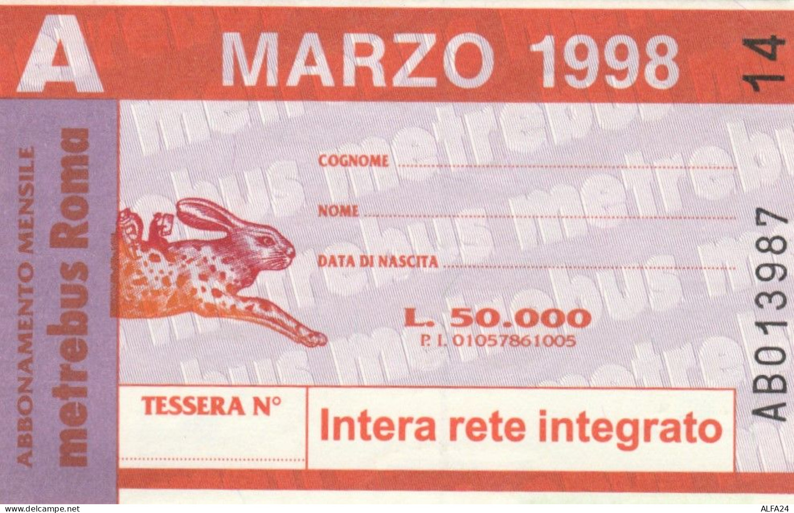 ABBONAMENTO AUTOBUS METRO ROMA ATAC MARZO 1998 (MK115 - Europe