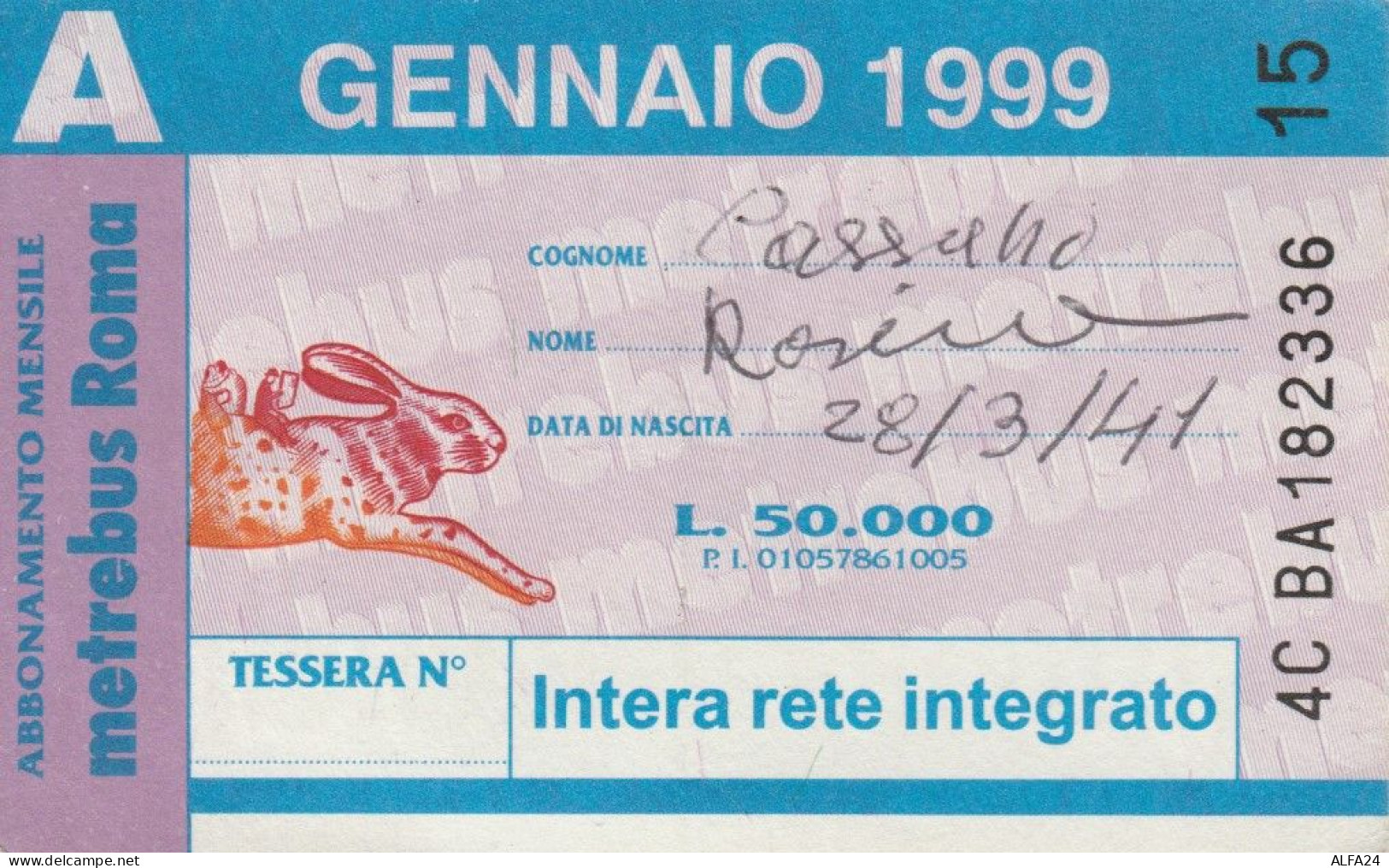 ABBONAMENTO AUTOBUS METRO ROMA ATAC GENNAIO 1999 (MK110 - Europa