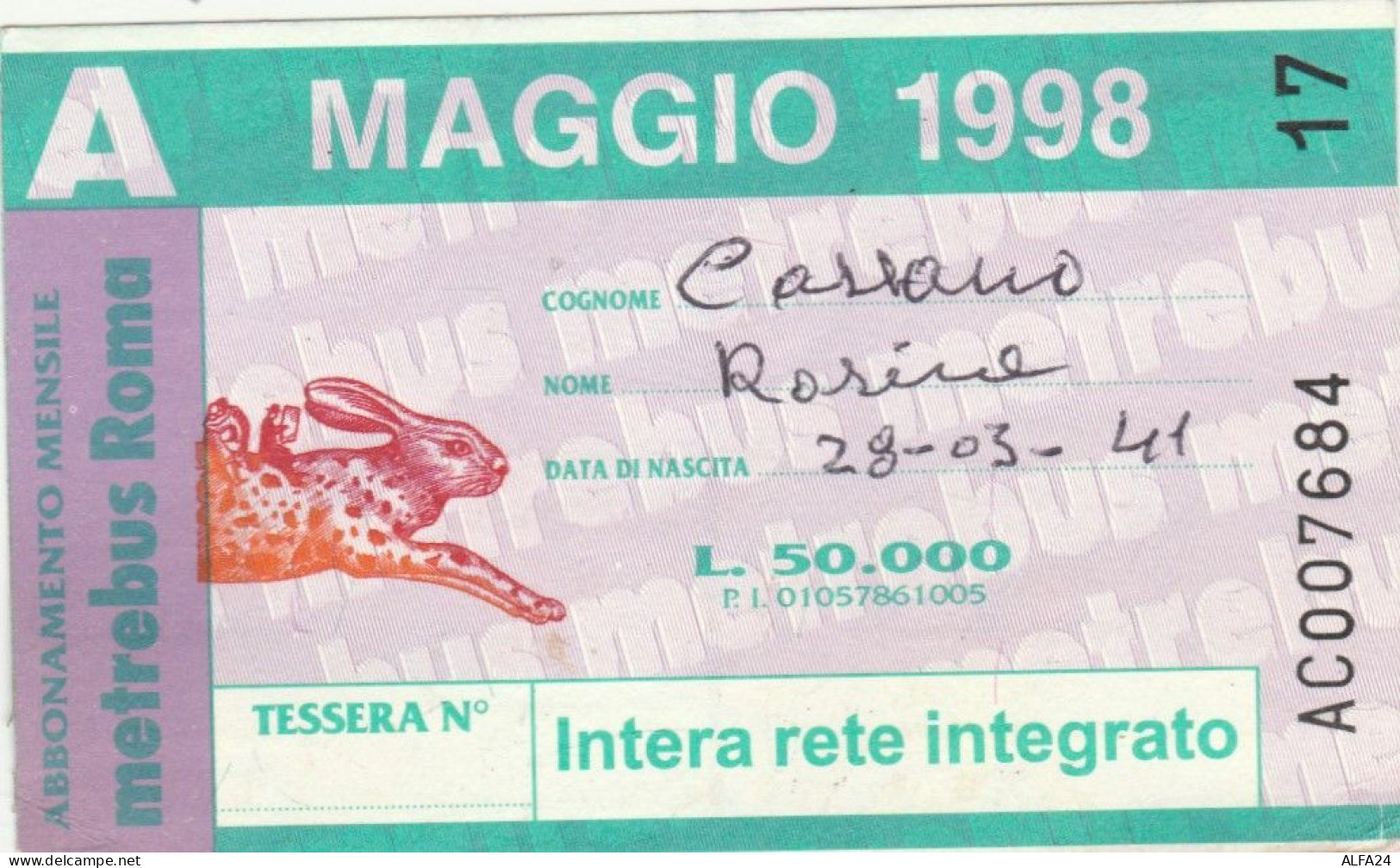 ABBONAMENTO AUTOBUS METRO ROMA ATAC MAGGIO 1998 (MK113 - Europe