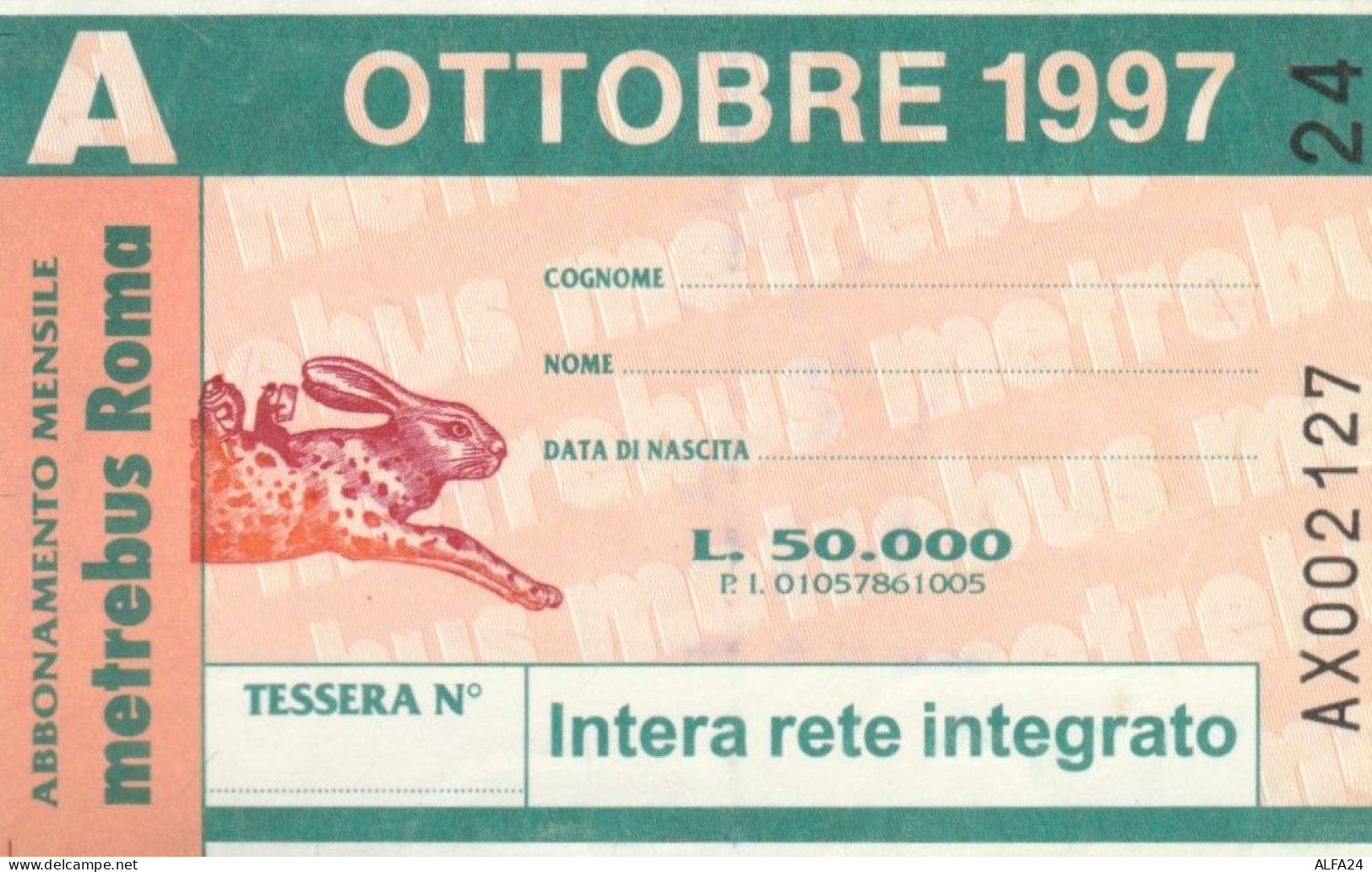 ABBONAMENTO AUTOBUS METRO ROMA ATAC OTTOBRE 1997 (MK105 - Europa