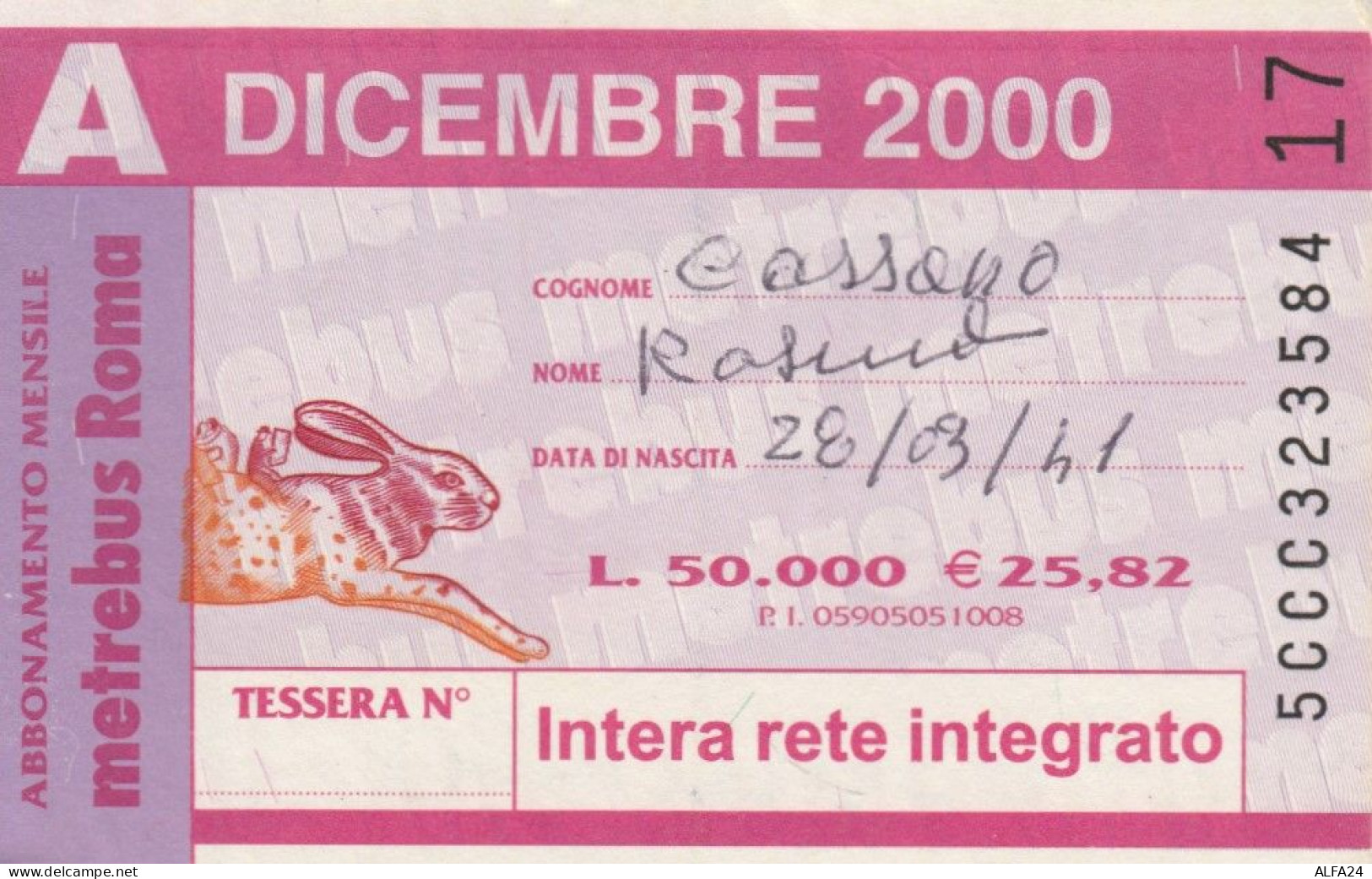 ABBONAMENTO AUTOBUS METRO ROMA ATAC DICEMBRE 2000 (MK66 - Europe