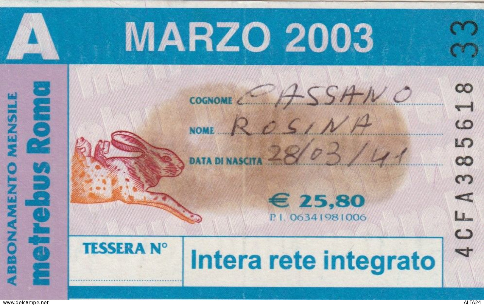 ABBONAMENTO AUTOBUS METRO ROMA ATAC MARZO 2003 (MK82 - Europa