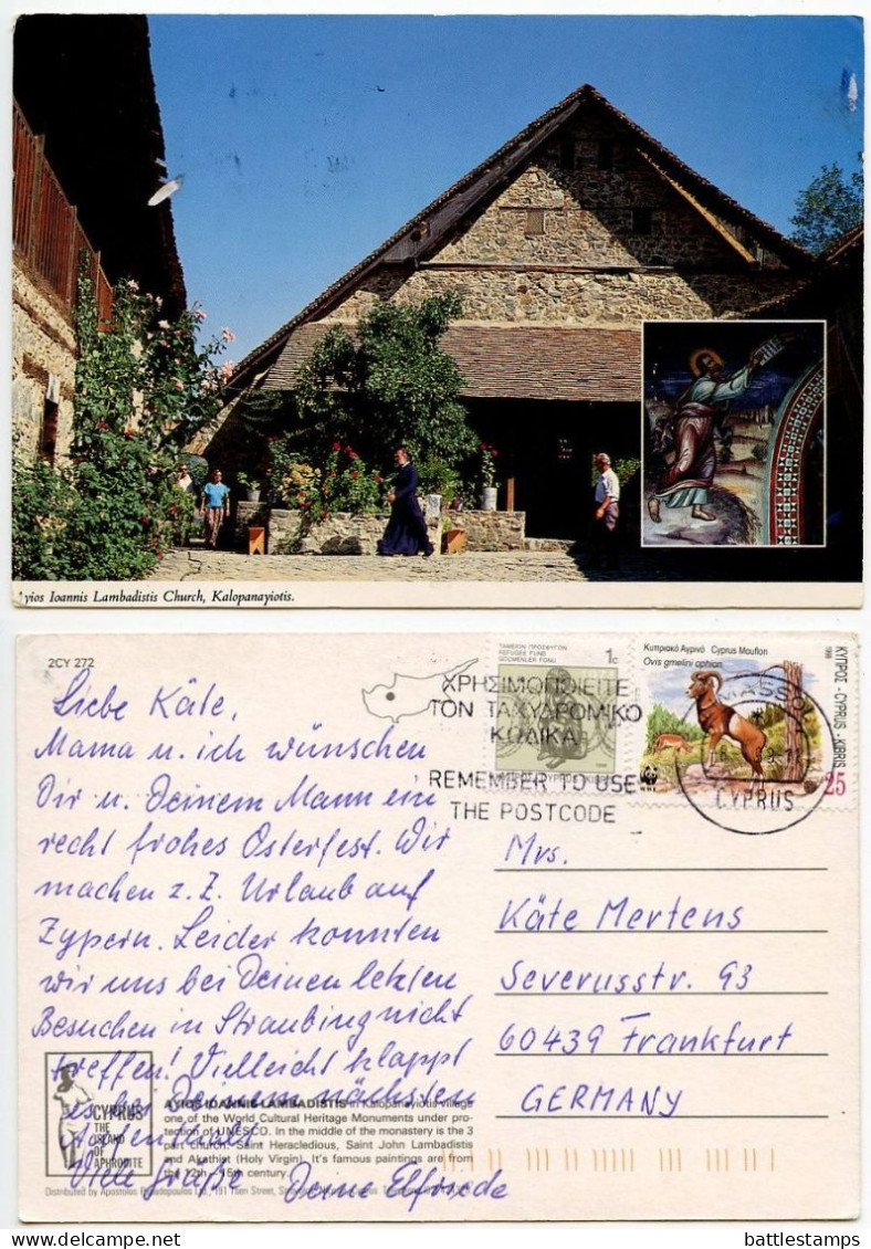 Cyprus 1998 Postcard Kalopanayiotis - Ayios Ioannis Lambadistis Church; 25c. WWF - Ram & 1c. Postal Tax Stamps - Chypre