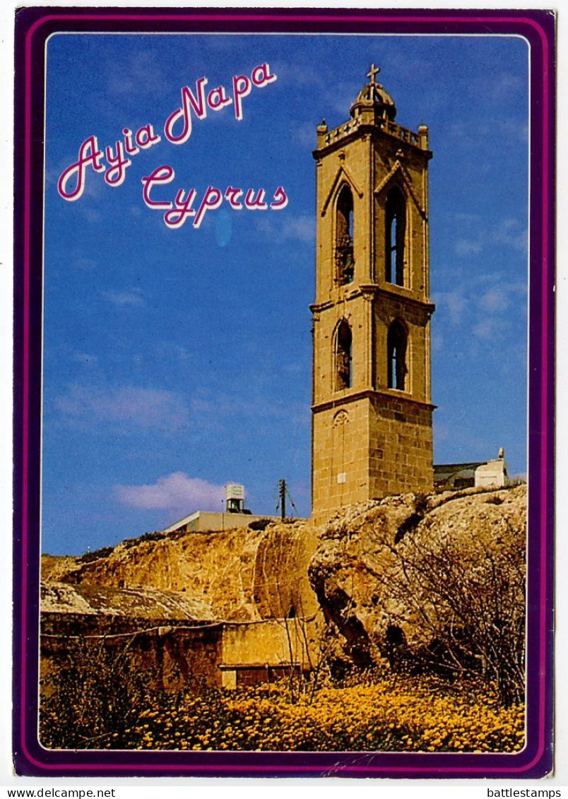 Cyprus 1995 Postcard Church In Ayia Napa Monastery; 20c Liberation Monument & 1c Postal Tax Stamps & Meter - Chypre