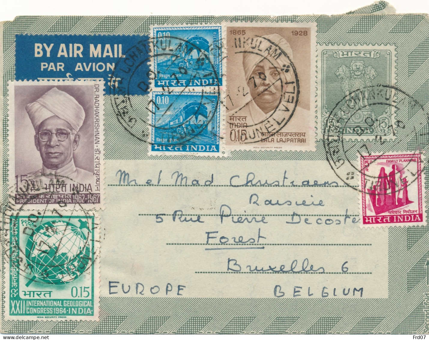 Aerogram India, Uchankulam 17.2.70 To Belgium - Airmail