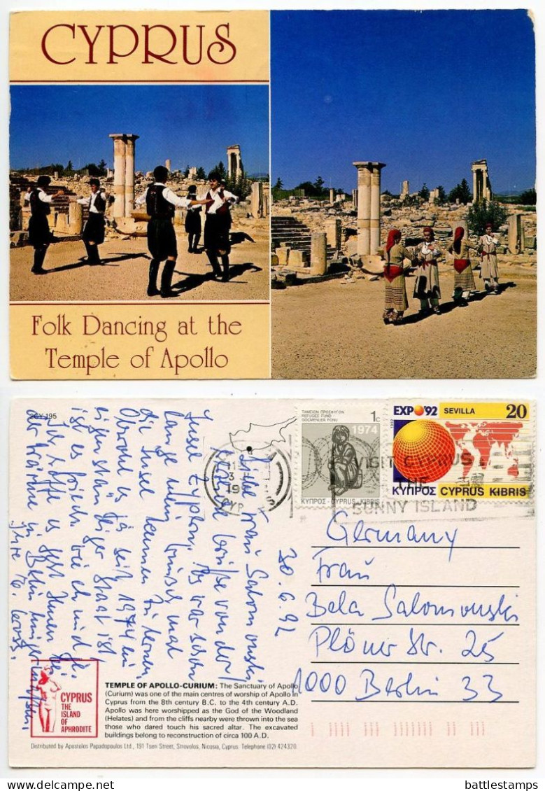 Cyprus 1992 Postcard Temple Of Apollo - Folk Dancing; 20c. EXPO '92 Sevilla & 1c Postal Tax Stamps - Chypre