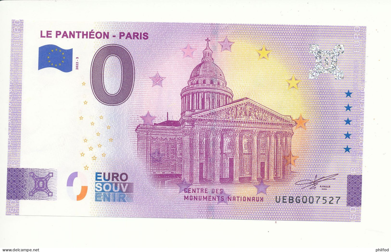 Billet Touristique 0 Euro - LE PANTHÉON - PARIS - UEBG - 2022-3 - N° 7527 - Sonstige & Ohne Zuordnung