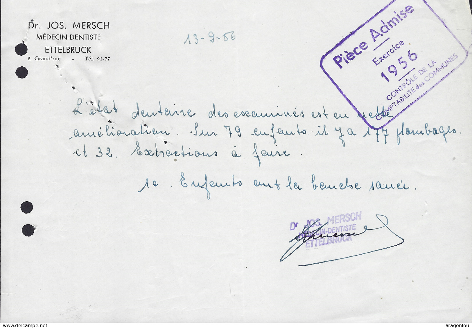 Luxembourg - Luxemburg - Facture -  Dr. JOS. MERSCH , MÉDECIN DENTISTE , ETTELBRUCK   1956 - Luxemburg