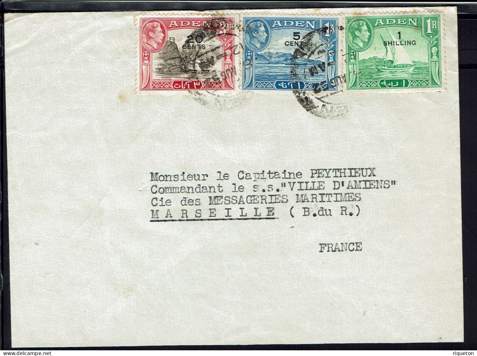 Aden. Affranchissement Tricolore Sur Enveloppe De Barrack Hill Aden 8 Août 1952 Pour Marseille (Fr) - Aden (1854-1963)
