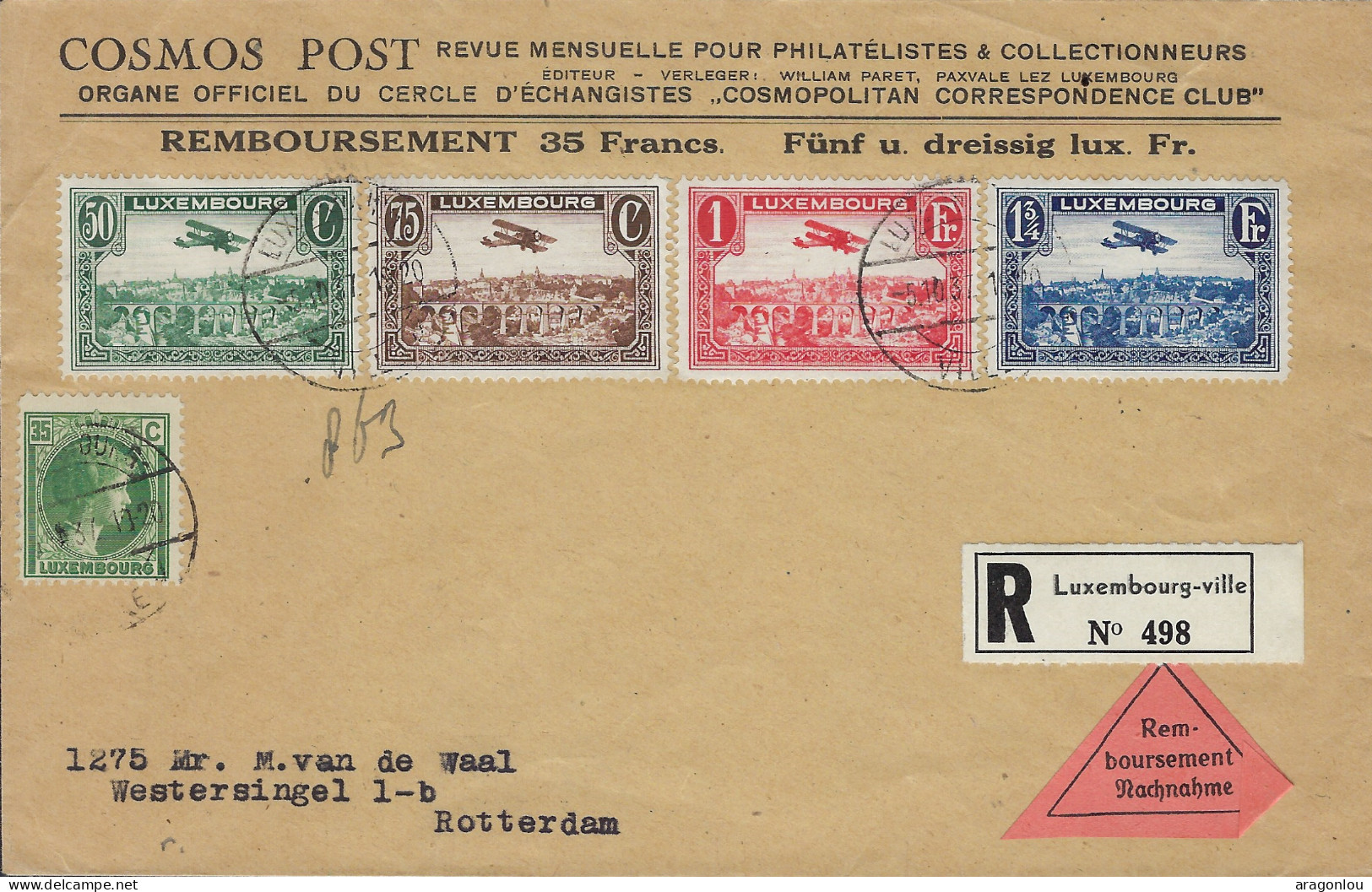 Luxembourg - Luxemburg - Lettre  Recommandé 1937  Adressé Au Mr M.van De Waal , Rotterdam - Briefe U. Dokumente