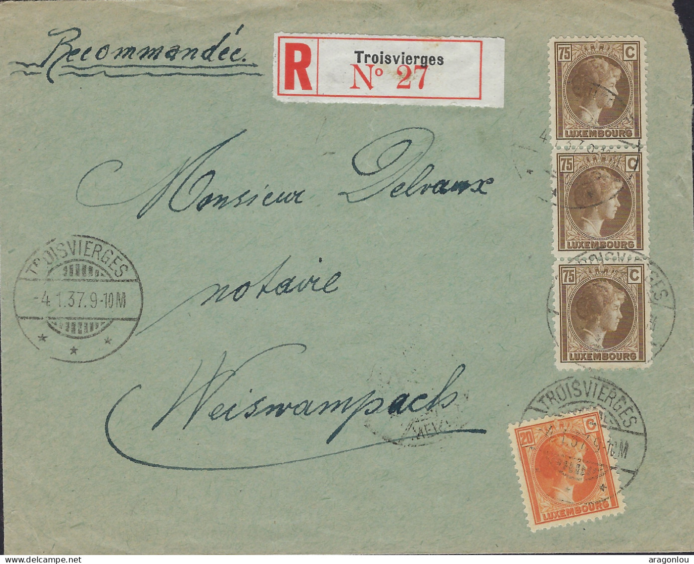 Luxembourg - Luxemburg - Lettre  Recommandé 1937  Adressé Au Mr  DELVAUX - WEISWAMPACH - Storia Postale