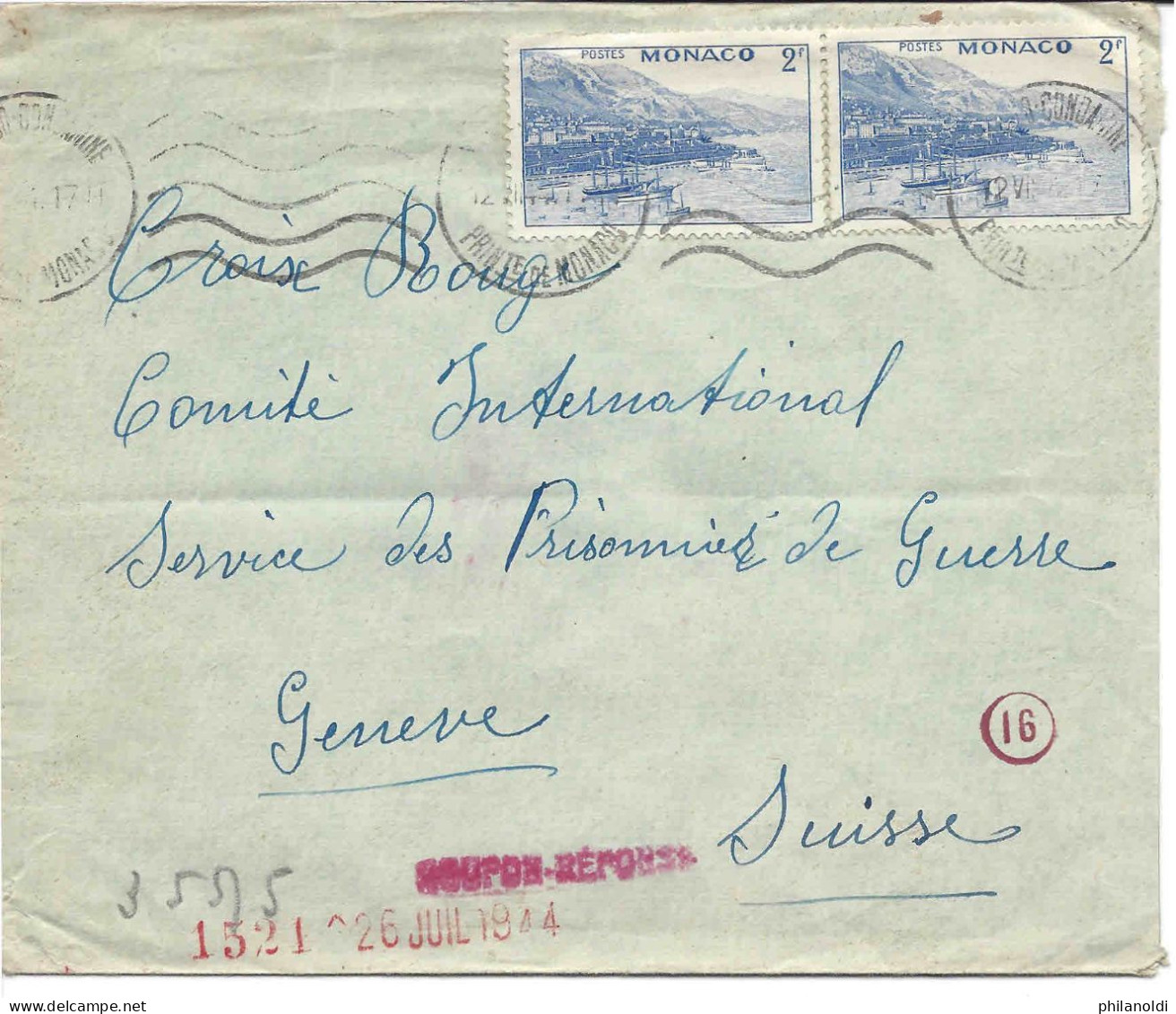 MONACO - SUISSE, 1944 Lettre Censurée Pour La Croix-rouge à Genève. - Covers & Documents