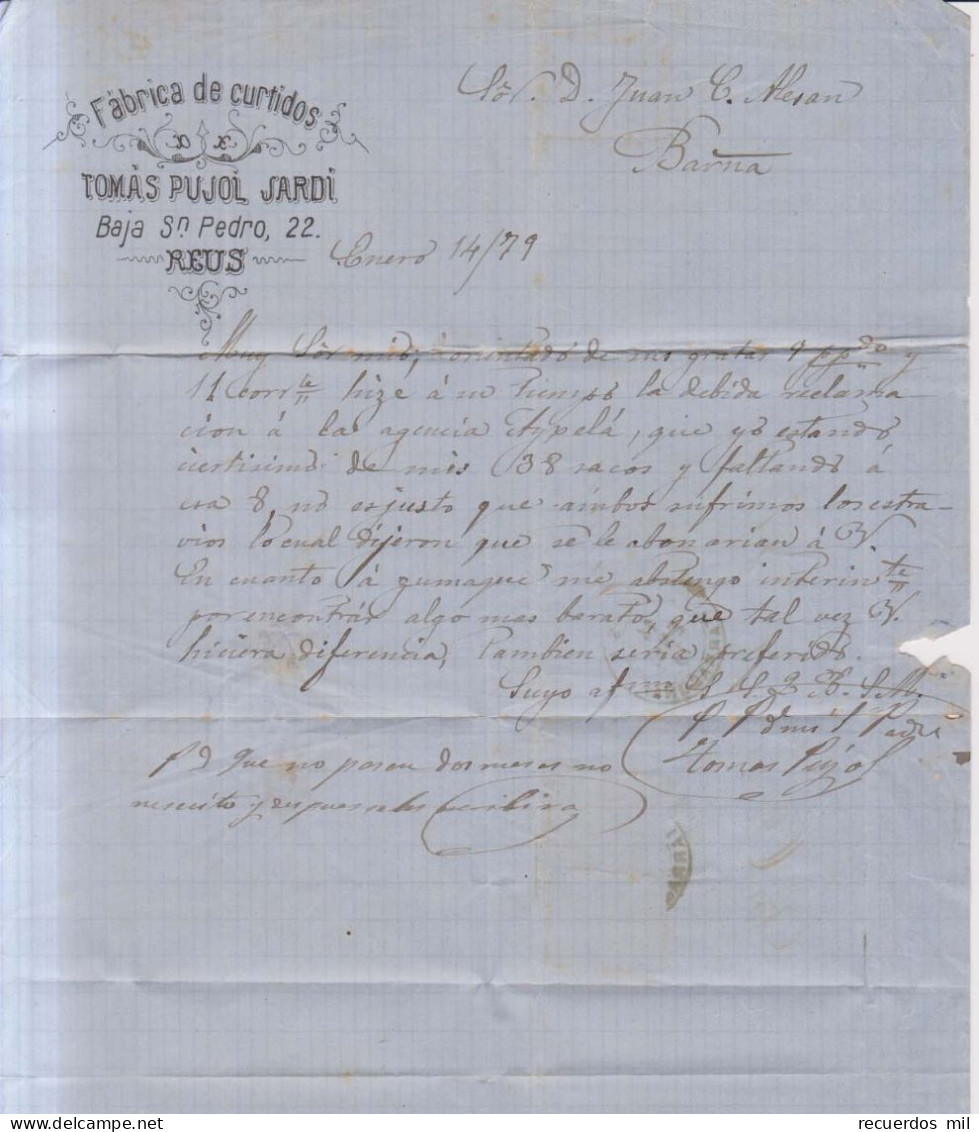 Año 1878 Edifil 192-188 Alfonso XII  Carta  Matasellos Reus Tarragona Membrete Curioso De Tomas Pujol Jardi - Lettres & Documents