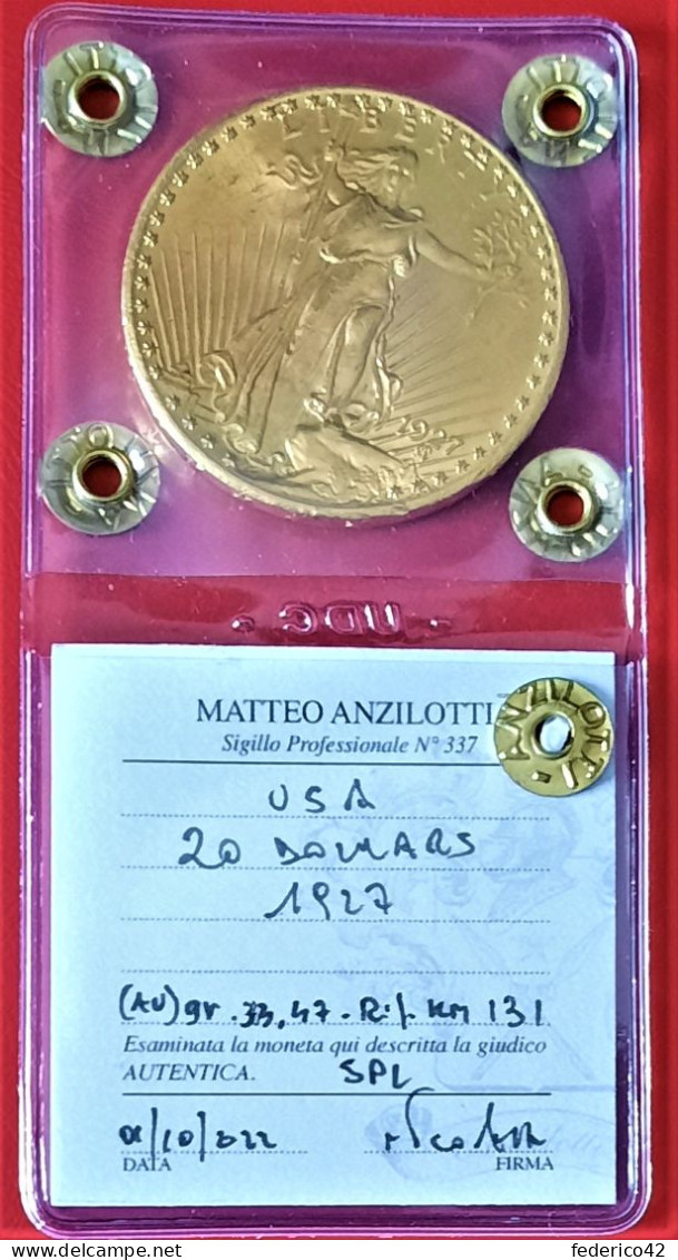 MONETA ORO 20 DOLLARI USA 1927 DOPPIA AQUILA CON MOTTO "IN GOD WE TRUST" SAINT-GAUDENS PERIZIATA AUTENTICA - 20$ - Double Eagles - 1907-1933: Saint-Gaudens