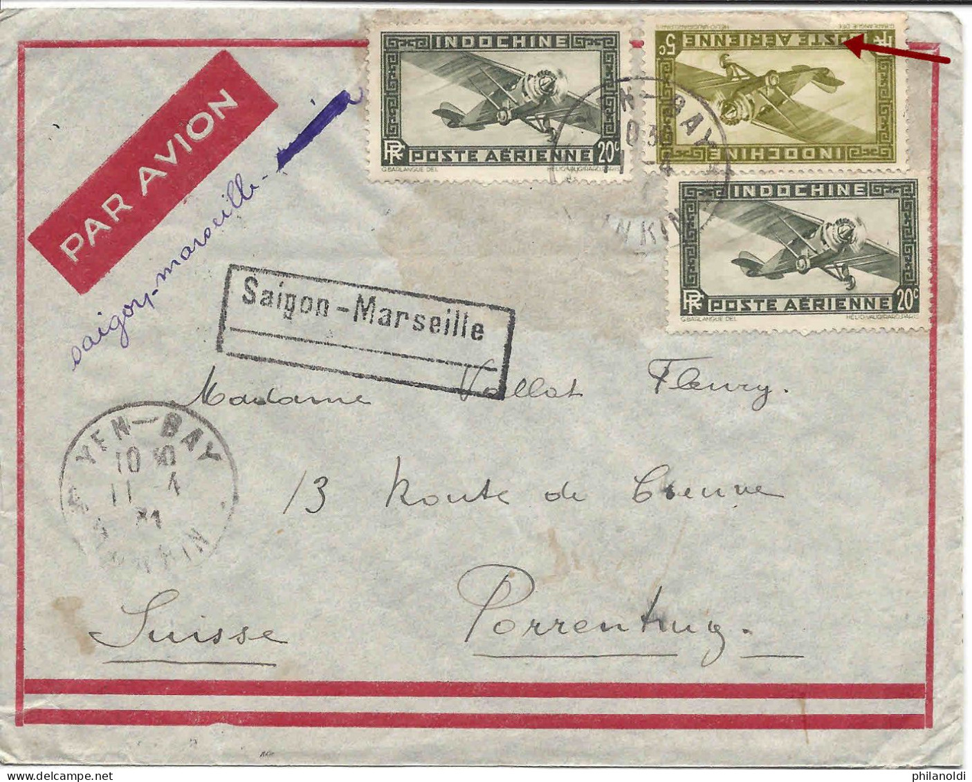 11 Avril 1934 YEN-BAY TONKIN, Lettre Timbres Poste Aérienne Cachet Saïgon-Marseille Pour Suisse, Arrivée 23 Avril - Poste Aérienne