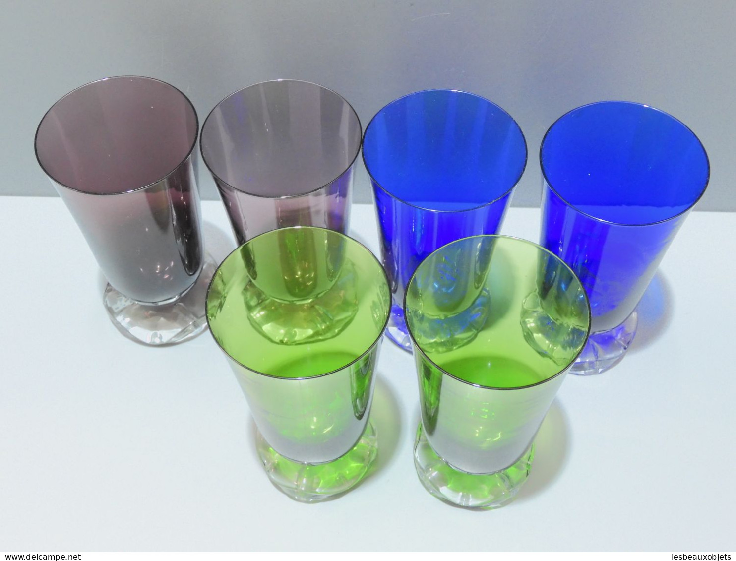 -6 GRANDS VERRES 3 COULEURS DIFFERENTES BLEU MAUVE VERT VERRE Pieds Volantés   E - Verre & Cristal