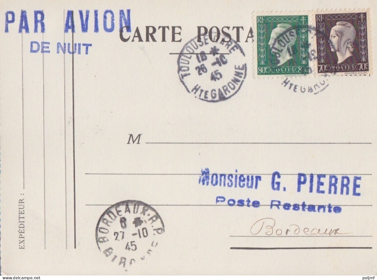 CP Par Avion De Nuit Obl Toulouse Gare Le 26/10/45 Sur 80c Et 70c Dulac N° 687, 688 En Poste Restant à Bordeaux - 1944-45 Marianne De Dulac