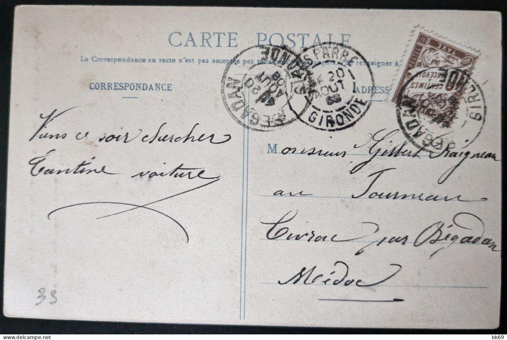 CP Taxée St Laurent Médoc Gironde, En 1908 - 1859-1959 Cartas & Documentos