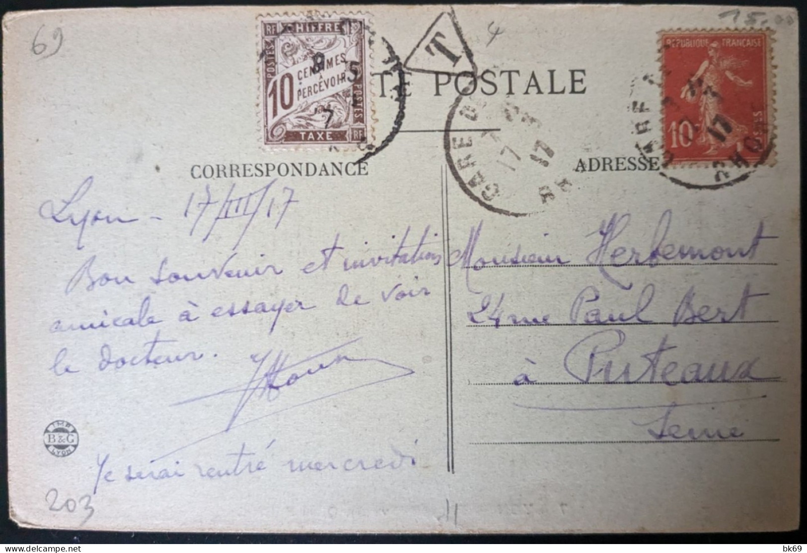 CP Taxée Lyon Quai St Clair , En 1917 - 1859-1959 Cartas & Documentos