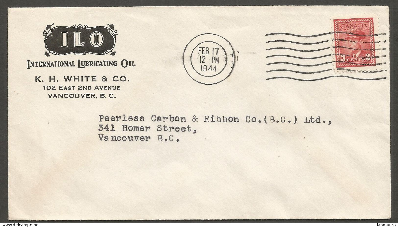 1944 ILO Lubricating Oil Advertising Cover 3c War Blackout Cancel Vancouver BC - Histoire Postale