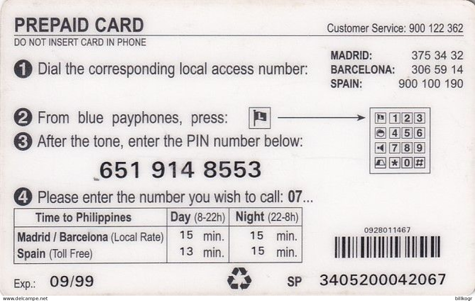 SPAIN - Philippines, Global One Prepaid Card 2000 Pta, Exp.date 09/99, Used - Other & Unclassified