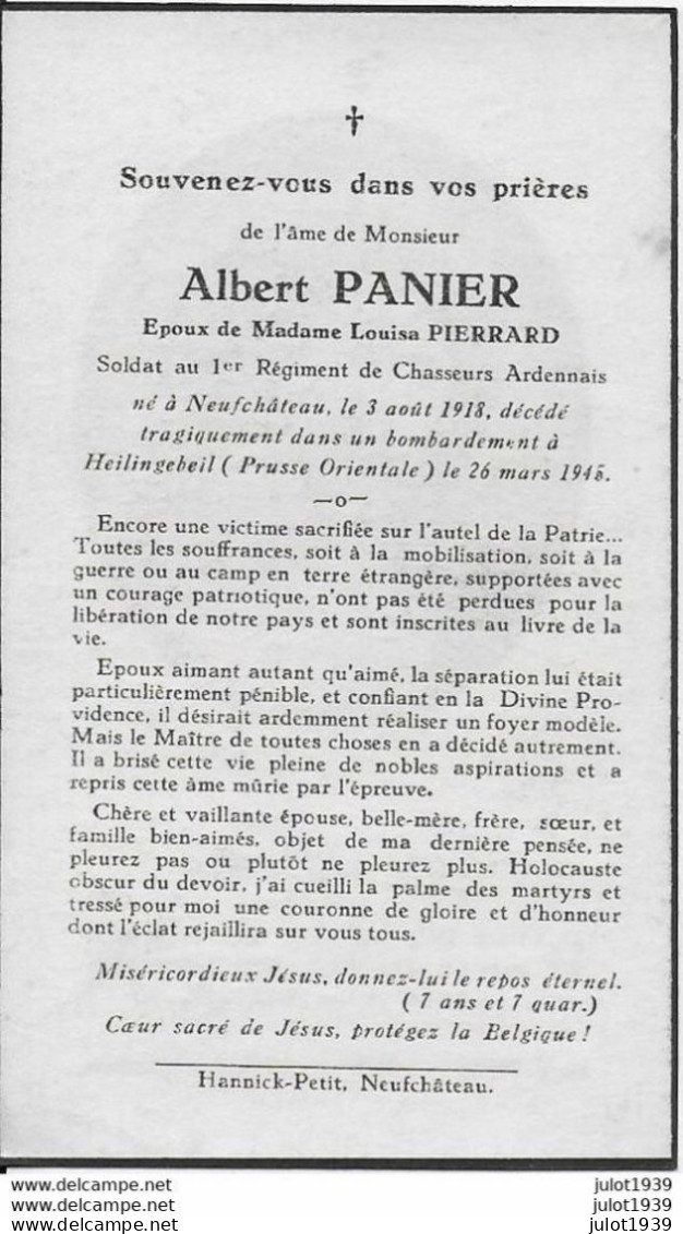 NEUFCHATEAU ..-- Mr Albert PANIER , CHASSEUR ARDENNAIS , Né En 1918 , Décédé BOMBARDEMENT à HEILINGEBEIL En 1945 . - Courcelles