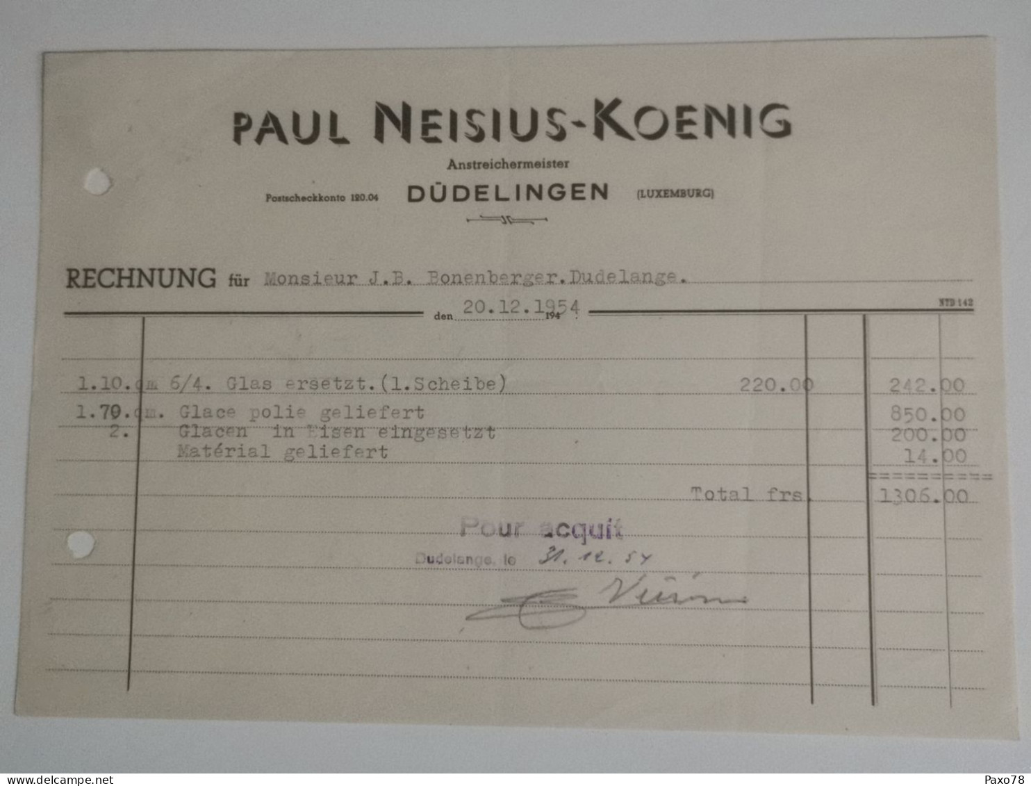 Luxembourg Facture, Paul Neisius-Koenig, Dudelange 1954 - Lussemburgo