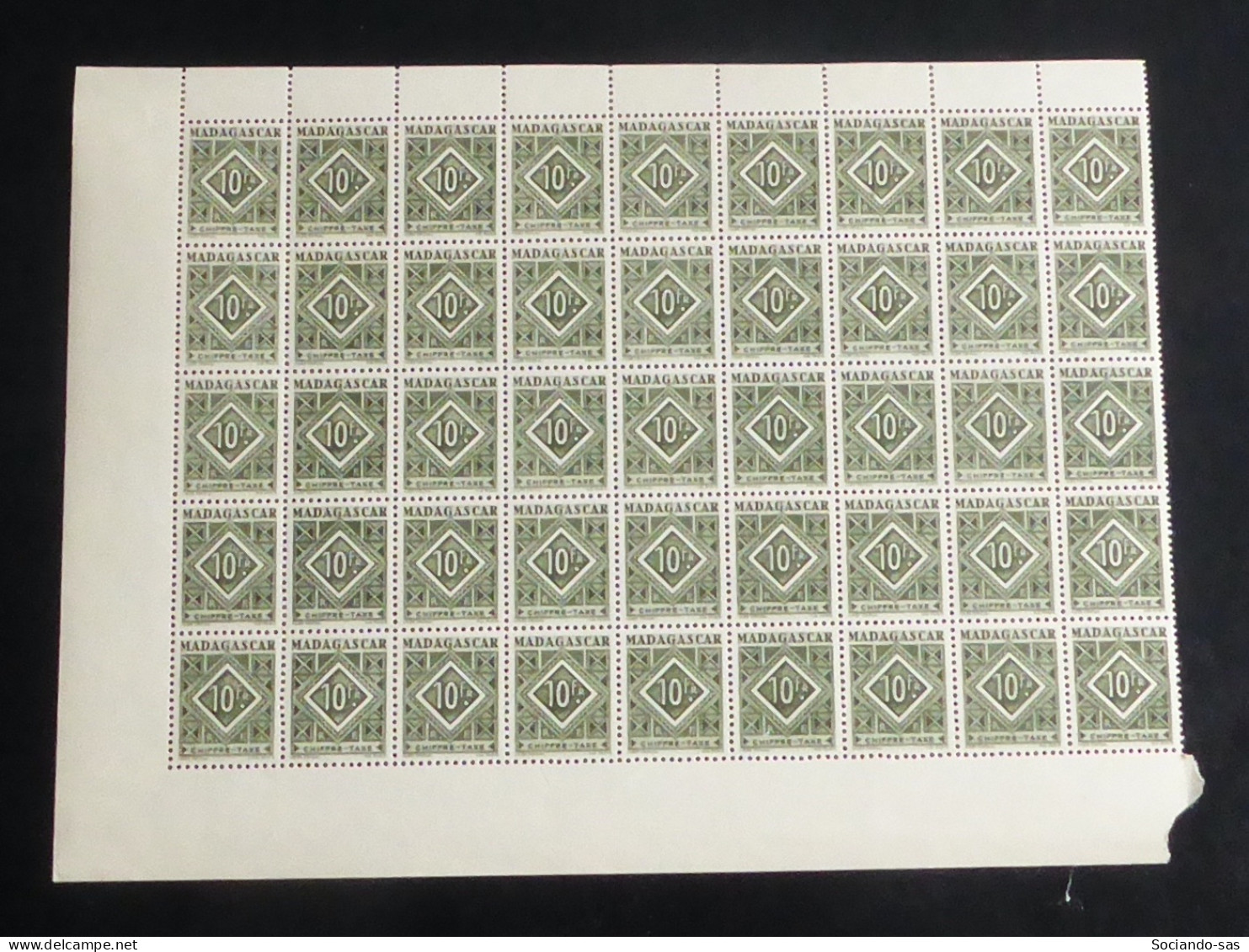 MADAGASCAR - 1947 - Taxe TT N°YT. 39 - 10f Olive - Bloc De 45 Bord De Feuille - Neuf Luxe** / MNH - Strafport