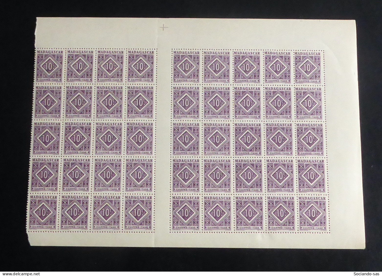 MADAGASCAR - 1947 - Taxe TT N°YT. 31 - 10c Lilas - Bloc De 45 Bord De Feuille - Neuf Luxe** / MNH - Segnatasse