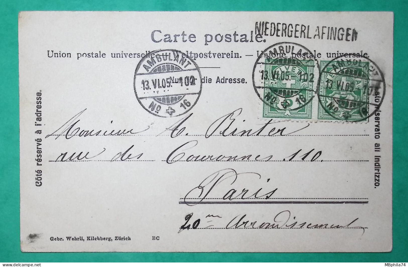 5C HELVETIA PAIRE AMBULANT N°16 GRIFFE NIEDERGERLAFINGEN CARTE POSTALE SOLOTHURN SOLEURE POUR PARIS FRANCE 1905 COVER - Chemins De Fer