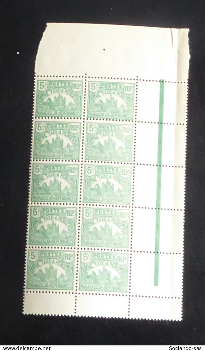 MADAGASCAR - 1908-24 - Taxe TT N°YT. 10 - 5c Vert - Bloc De 10 Bord De Feuille - Neuf GC** / MNH - Impuestos