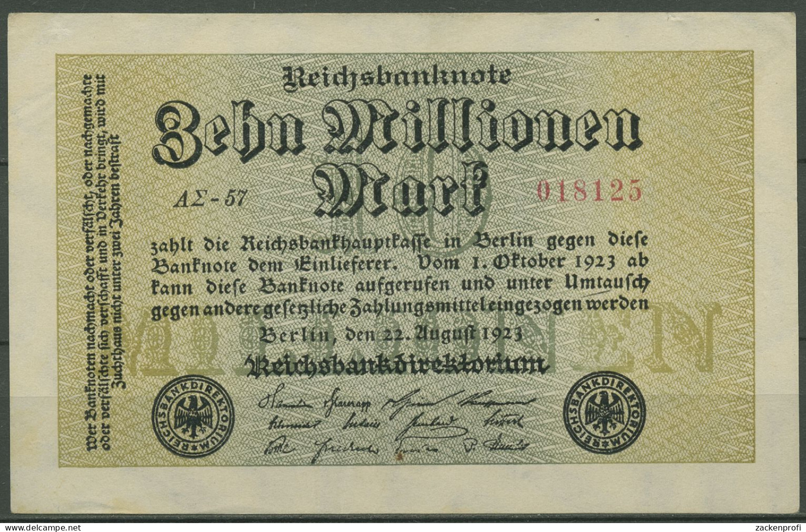 Dt. Reich 10 Millionen Mark 1923, DEU-118g FZ AΣ, Leicht Gebraucht (K1230) - 10 Millionen Mark