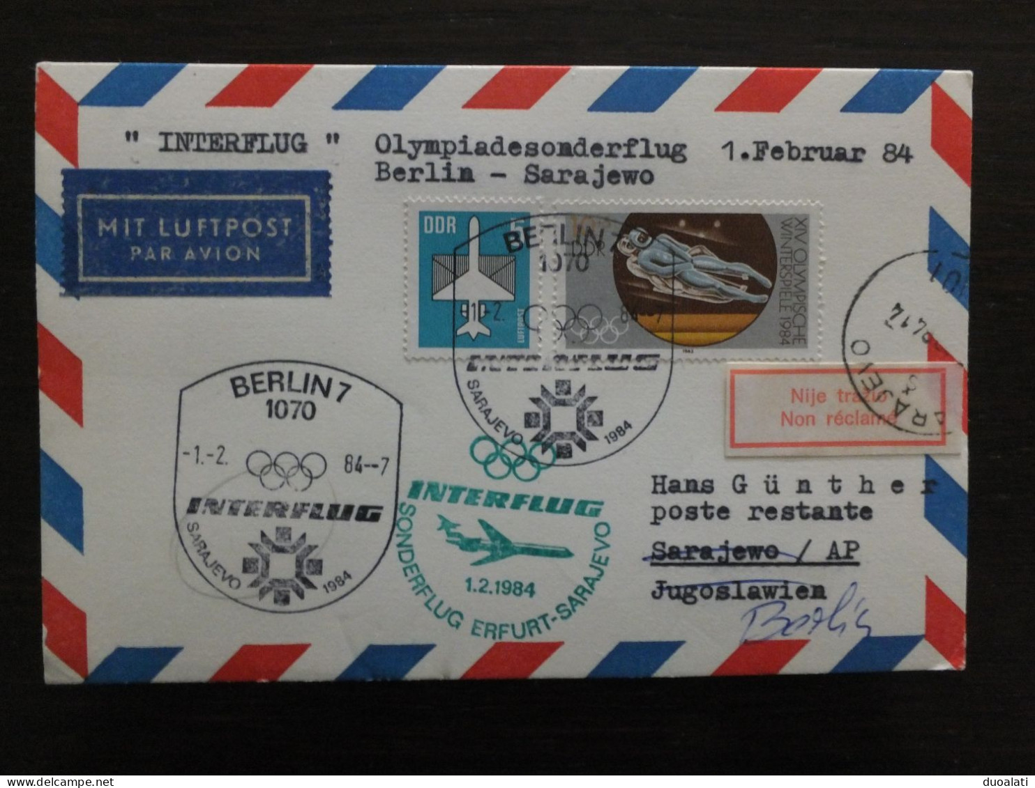 DDR Germany Air Mail Interflug Stationery Olympic Games Flight Berlin Sarajevo Retoure Commemorative Postmark - Invierno 1984: Sarajevo