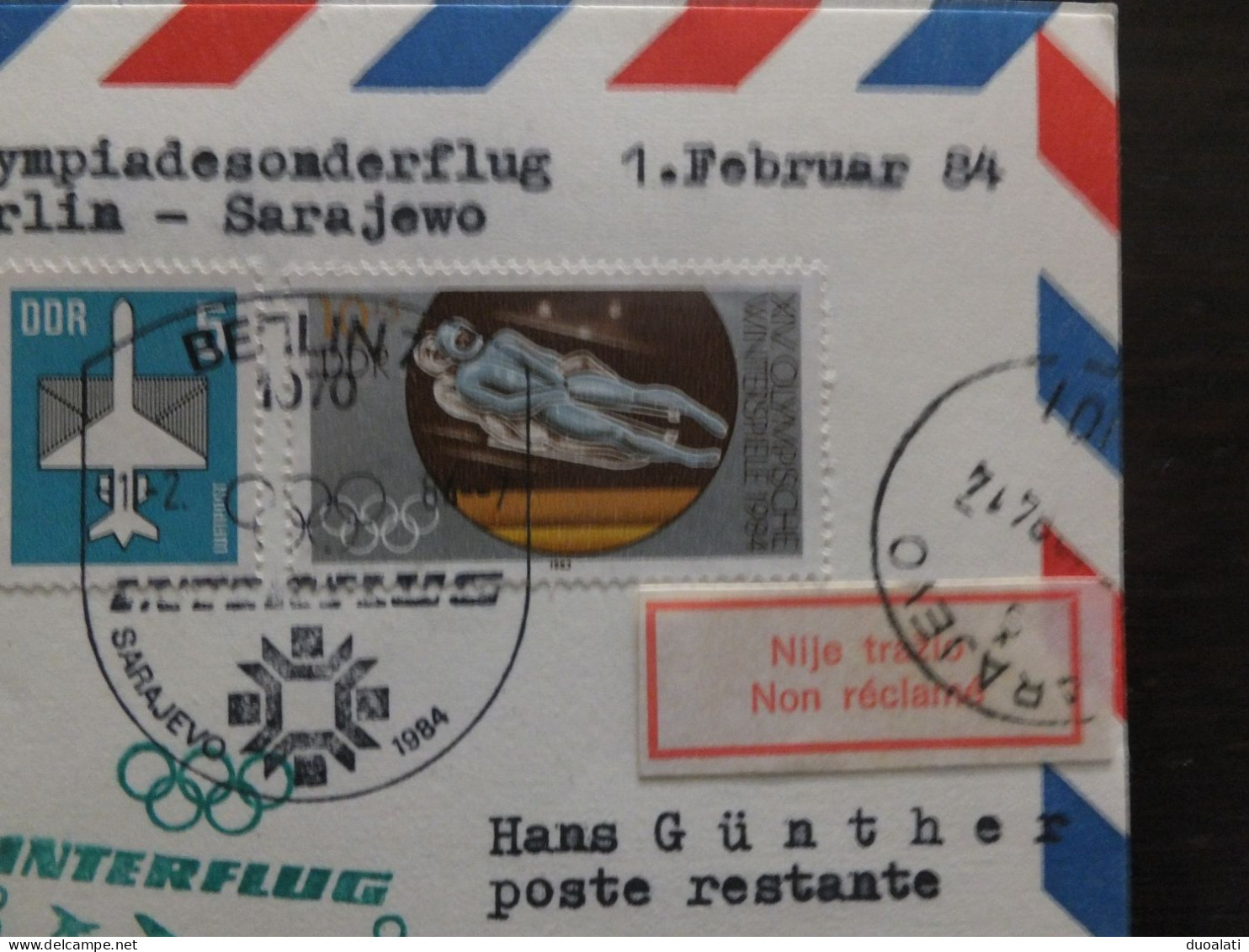 DDR Germany Air Mail Interflug Stationery Olympic Games Flight Berlin Sarajevo Retoure Commemorative Postmark - Winter 1984: Sarajevo