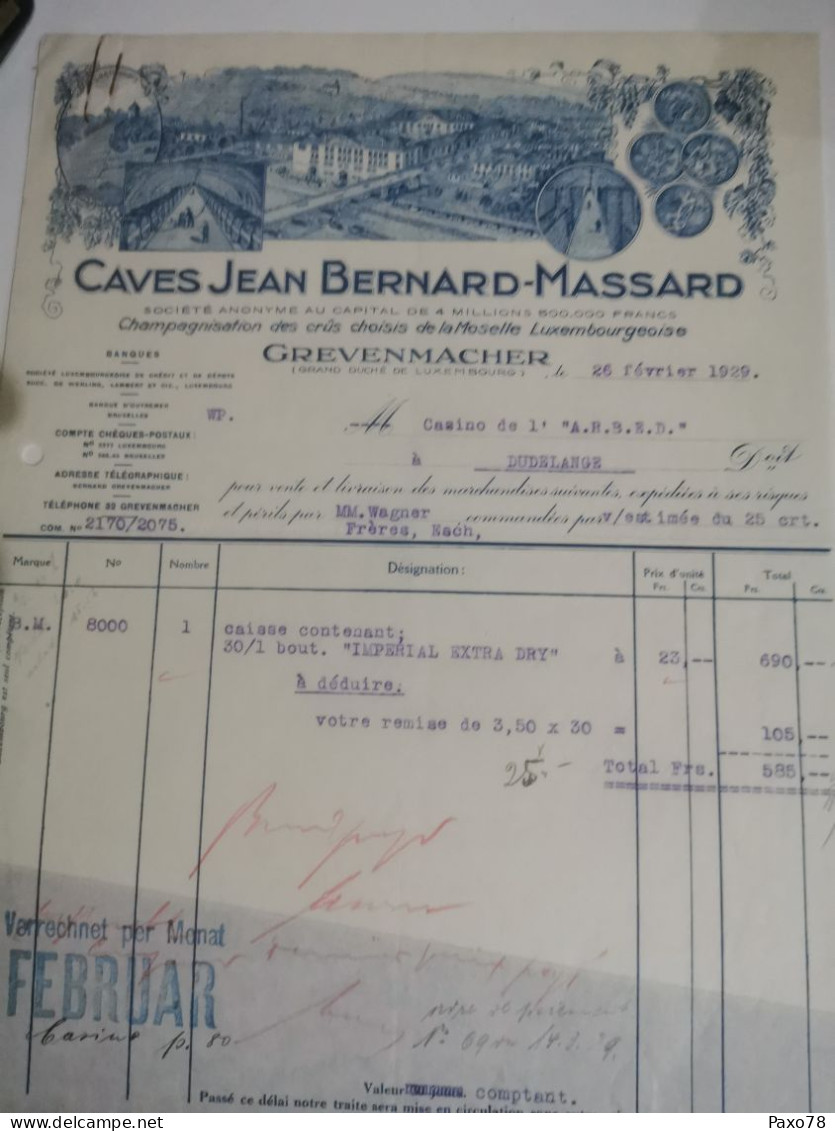 Luxembourg Facture, Caves Bernard Massard, Grevenmacher 1929 - Luxemburgo