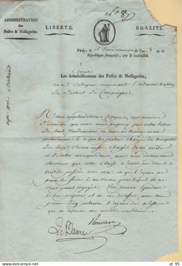 Franchise - Agence Nationale Des Postes Aux Lettres - 15 Vendemiaire An 3 - District De Compiegne - Rare - 1701-1800: Précurseurs XVIII