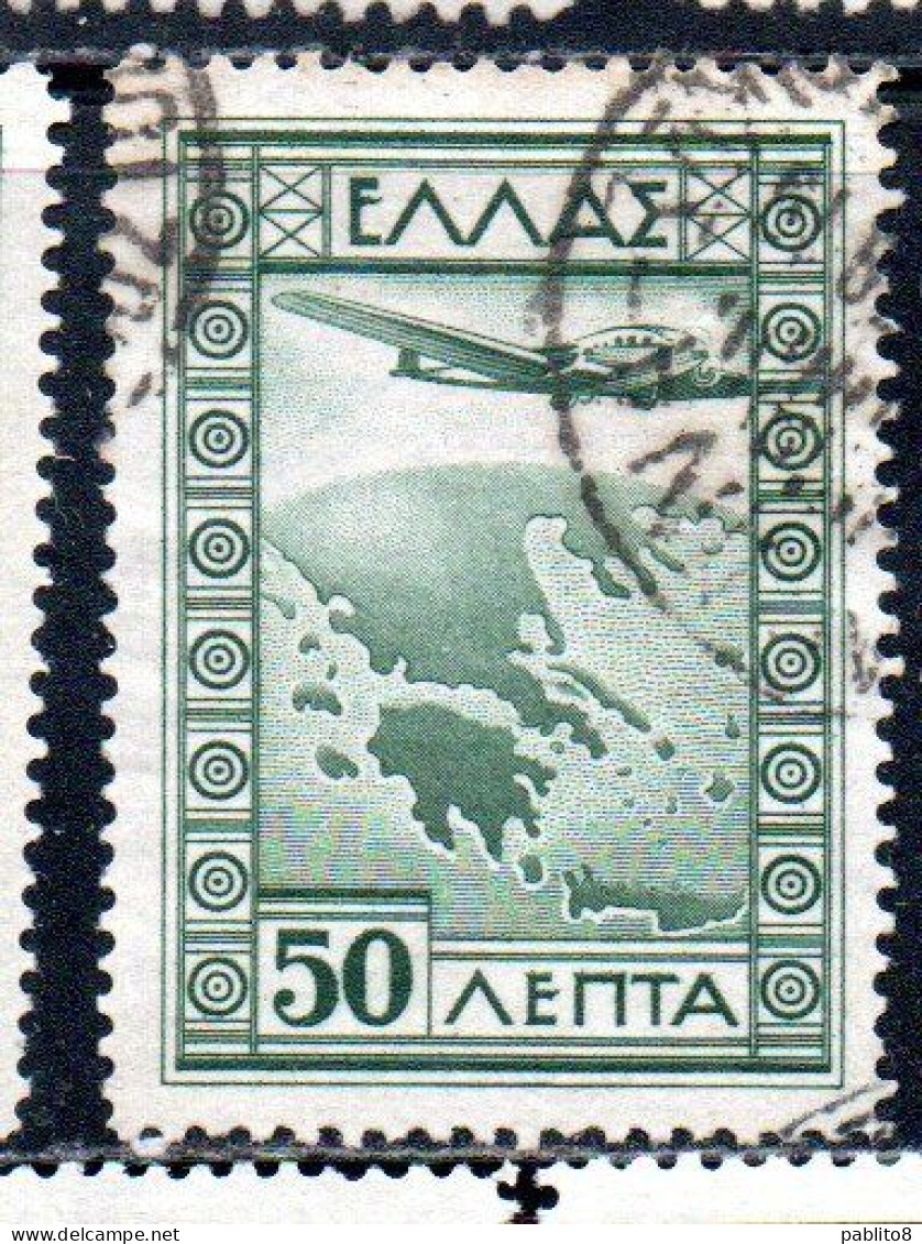 GREECE GRECIA ELLAS 1933 AIR POST MAIL AIRMAIL AIRPLANE OVER MAP OF GREECE 50l USED USATO OBLITERE' - Usati