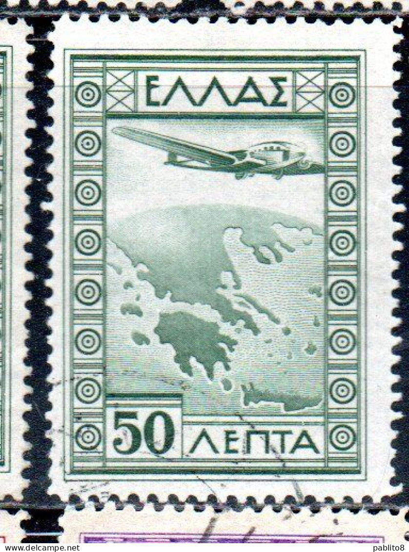 GREECE GRECIA ELLAS 1933 AIR POST MAIL AIRMAIL AIRPLANE OVER MAP OF GREECE 50l USED USATO OBLITERE' - Oblitérés