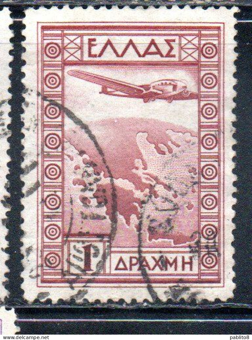 GREECE GRECIA ELLAS 1933 AIR POST MAIL AIRMAIL AIRPLANE OVER MAP OF GREECE 1d USED USATO OBLITERE' - Usati