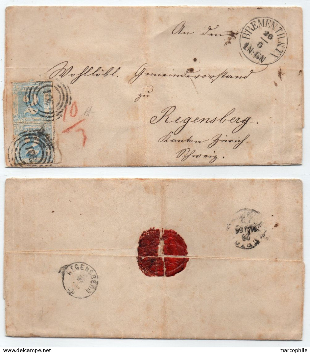 TOUR ET TAXIS - THURN UND TAXIS - BREMEN / 1866 - PAIRE 2 SGR. SUR PLI ==> REGENSBERG (ref 8677) - Lettres & Documents