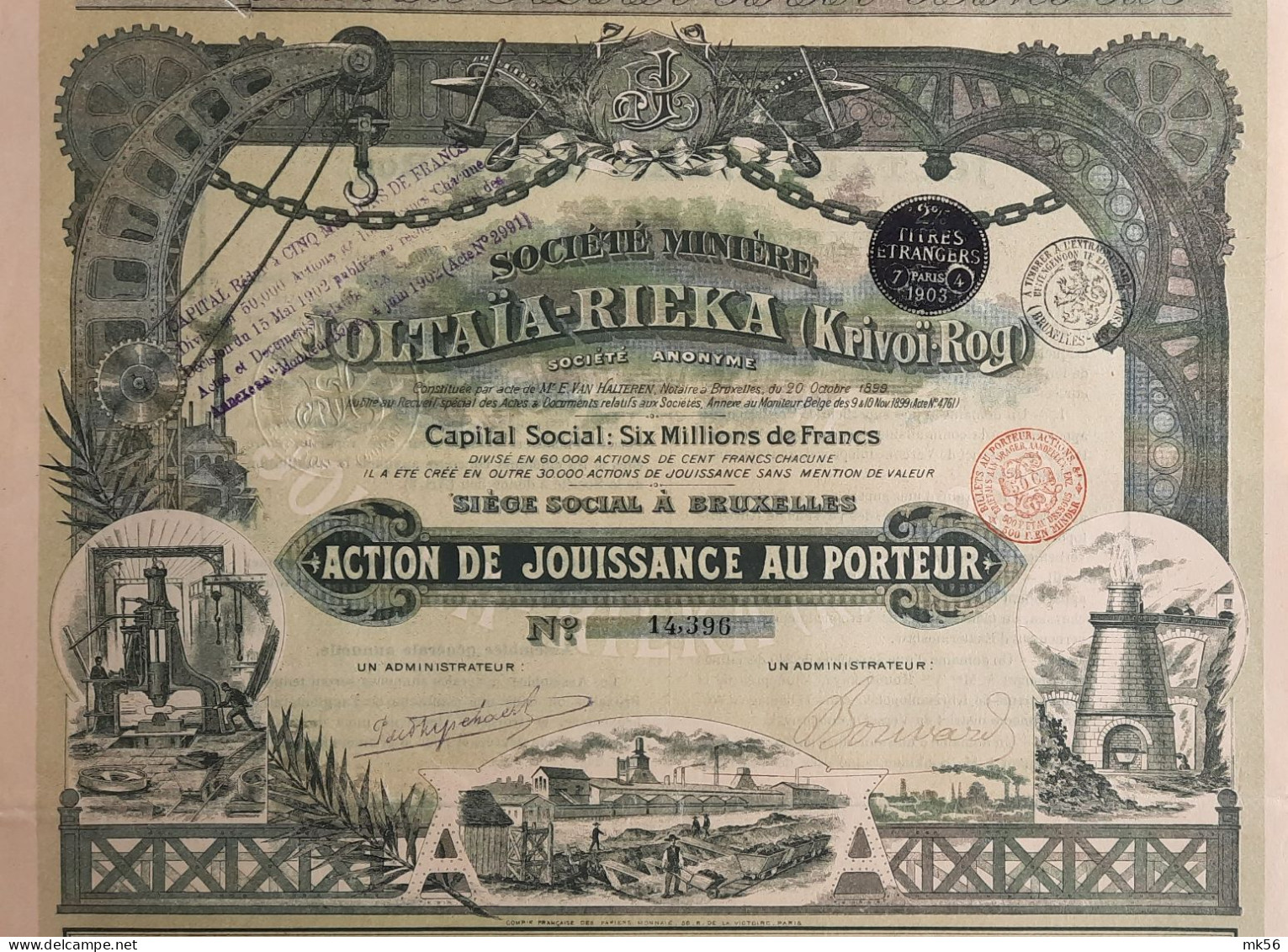 Société Minière Joltaïa-Rieka (Krivoï-Rog) - Action De Jouissance - Bruxelles - 1899 - Très Décoratif - Rusia