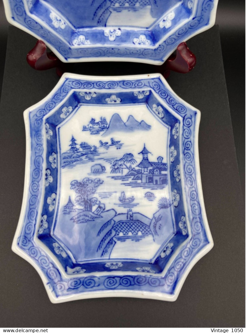 2x Coupelles Palais Impérial Blanc Bleu  Porcelaine Chinoise 1895-1900 #240004 - Art Asiatique