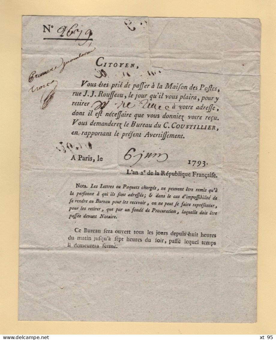 Paris (encadré 30mm En Rouge) Sur Avis Imprimé Des Postes Pour Retrait D Une Lettre - 1793 - Rare - 1701-1800: Precursors XVIII