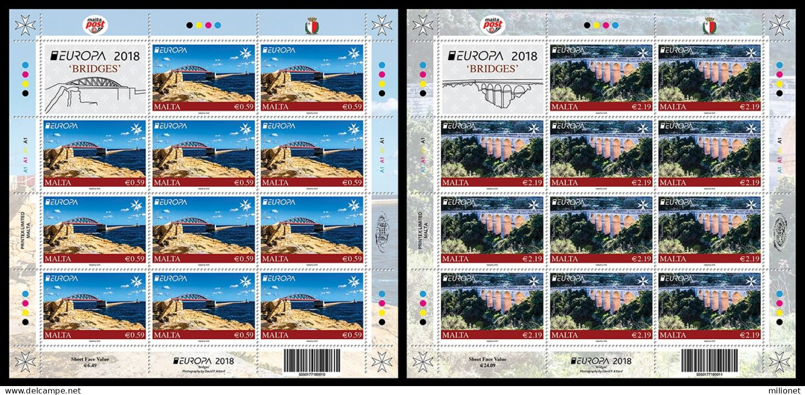 SALE!!! MALTA 2018 EUROPA CEPT BRIDGES 2 Sheetlets Of 11 Stamps + 1 Vignette MNH ** - 2018