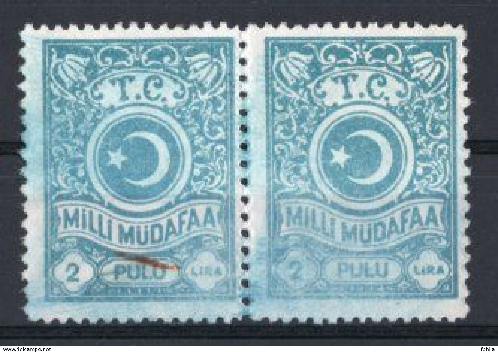 1941 TURKEY 2 L. TYPE II NATIONAL DEFENSE TAX STAMPS PAIR NO GUM - Usati