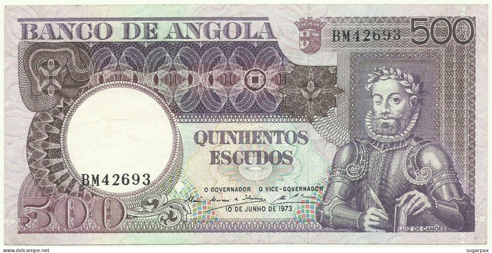 Angola - 500 Escudos - 10.6.1973 - Pick: 107 - Serie BM - Luiz De Camões - PORTUGAL - Angola